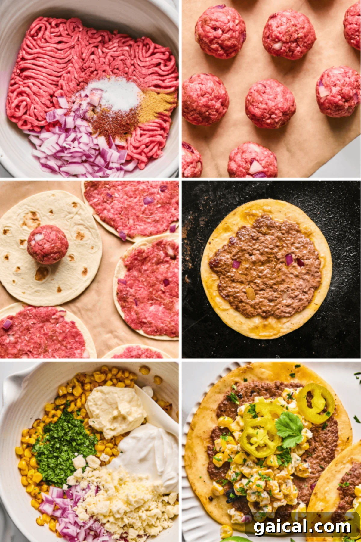 Zesty Street Corn Smash Tacos 4 A visual collage illustrating the step-by-step process of preparing Street Corn Smash Tacos: from mixing ground beef with spices, forming meatballs, pressing raw meat onto tortillas, searing them on a griddle, to combining corn with toppings, and finally, a finished taco ready to be enjoyed.