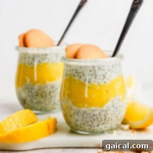 Two jars of chia pudding layered with yellow fruit puree, topped with two cookies each, on a white surface with lemon slices nearby.