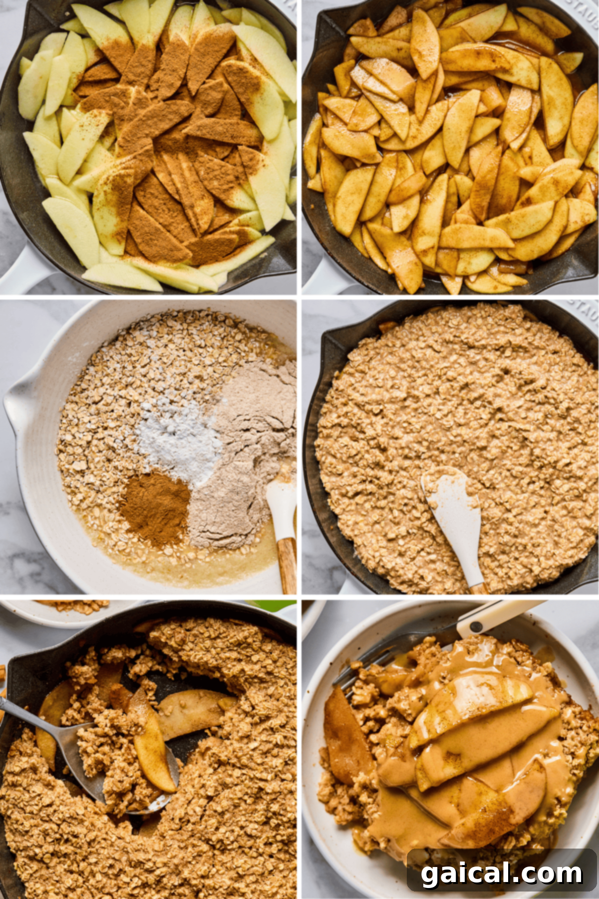 Six-panel image showing the step-by-step process of making apple crisp, from sliced apples and cinnamon to mixing oats, assembling, baking, and serving the finished dessert, highlighting each stage.
