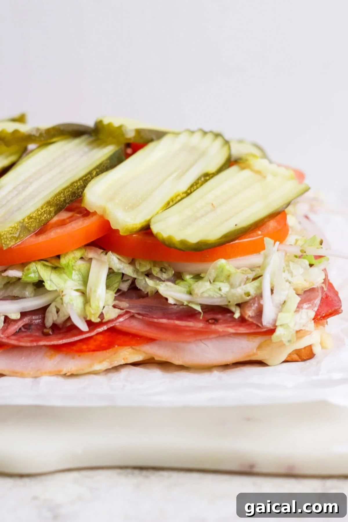 A top-down view of the assembled Italian Grinder Sliders on Hawaiian buns, layered with various Italian deli meats and cheeses, ready for baking.