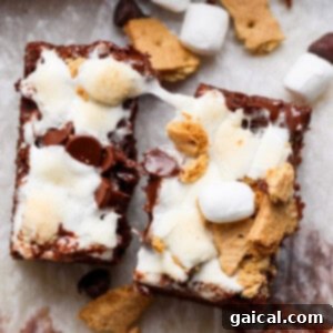 Two s'mores brownies topped with melted marshmallows, chocolate chips, and graham cracker pieces, placed on parchment paper with scattered ingredients around.