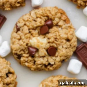 Close-up of an oatmeal cookie with chocolate chips and a marshmallow piece, surrounded by mini marshmallows and chocolate squares.