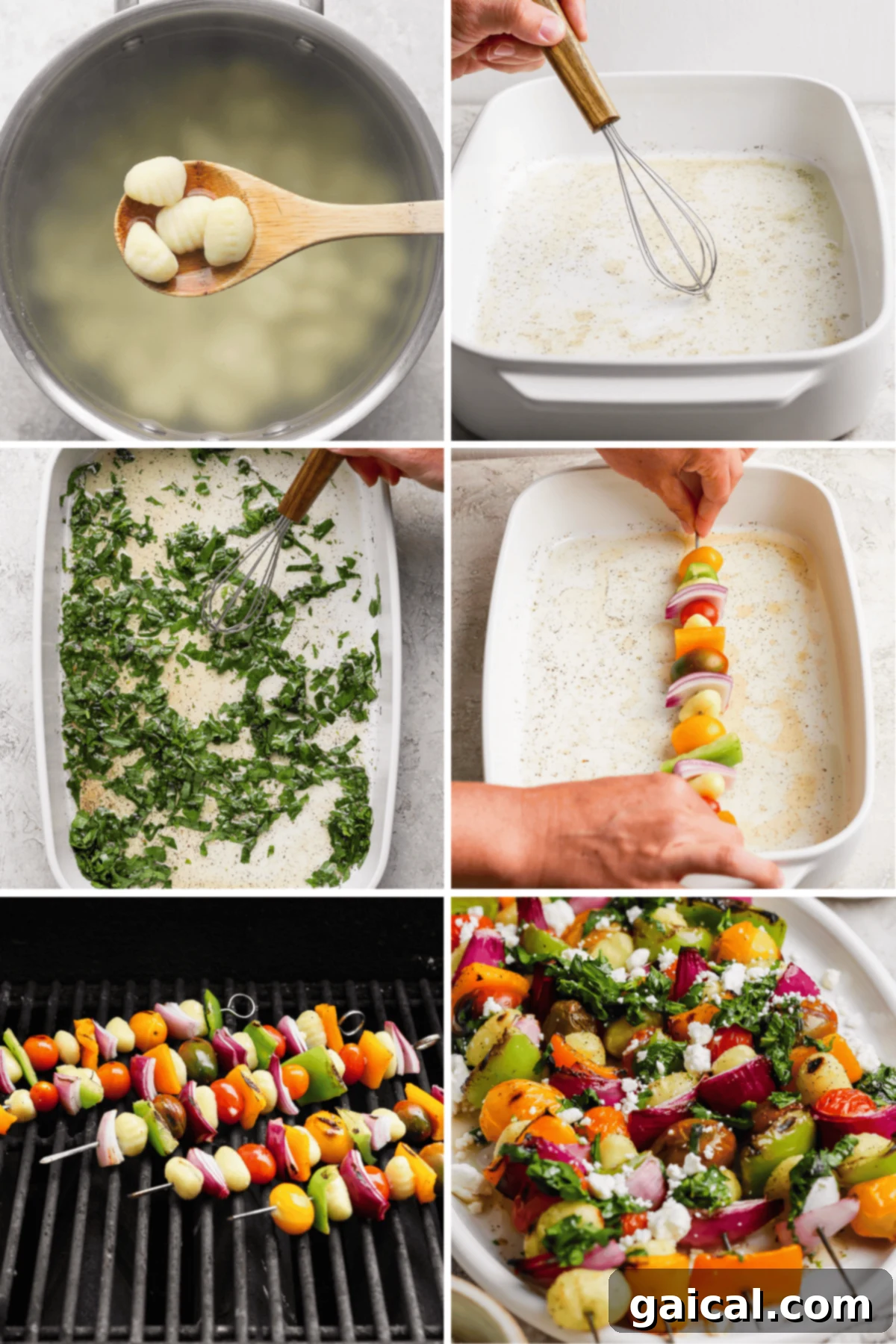 Vibrant Grilled Gnocchi Kebabs 3 A collage shows grilled gnocchi skewers being boiled, sauce prepared and poured over greens, then skewered with vegetables, grilled to perfection, and served garnished with cheese and herbs.