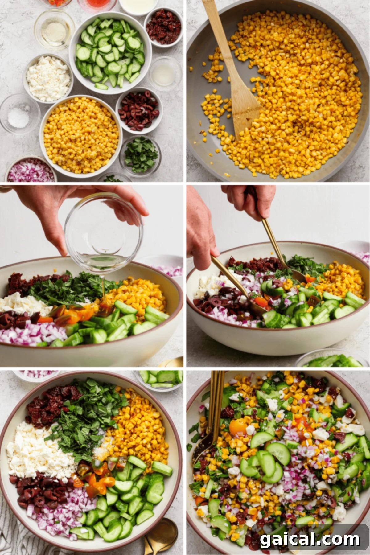 Mediterranean Golden Corn Salad 3 A step-by-step collage showing ingredients for a salad, sautéing corn, adding dressing, and mixing vegetables, cheese, and herbs in a large bowl.