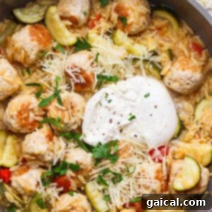 Easy Summer Skillet Orzo with Zucchini and Chicken Meatballs 8 A skillet filled with orzo pasta, zucchini, meatballs, diced tomatoes, shredded cheese, a dollop of sour cream, and chopped parsley.