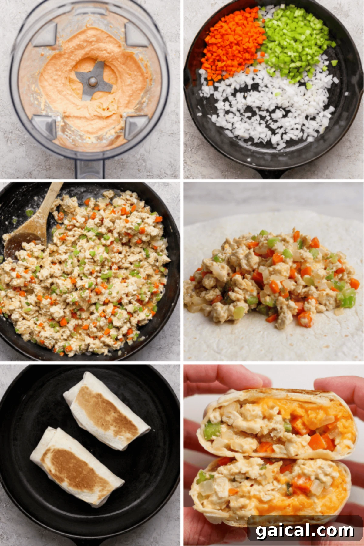 Protein Packed Buffalo Chicken Burritos 3 A six-step visual collage demonstrating the entire process of making high-protein buffalo chicken burritos, from blending the creamy sauce and sautéing fresh vegetables to cooking the chicken, assembling the wraps, toasting them to golden perfection, and finally, a hand holding a perfectly cut burrito, revealing its rich filling.