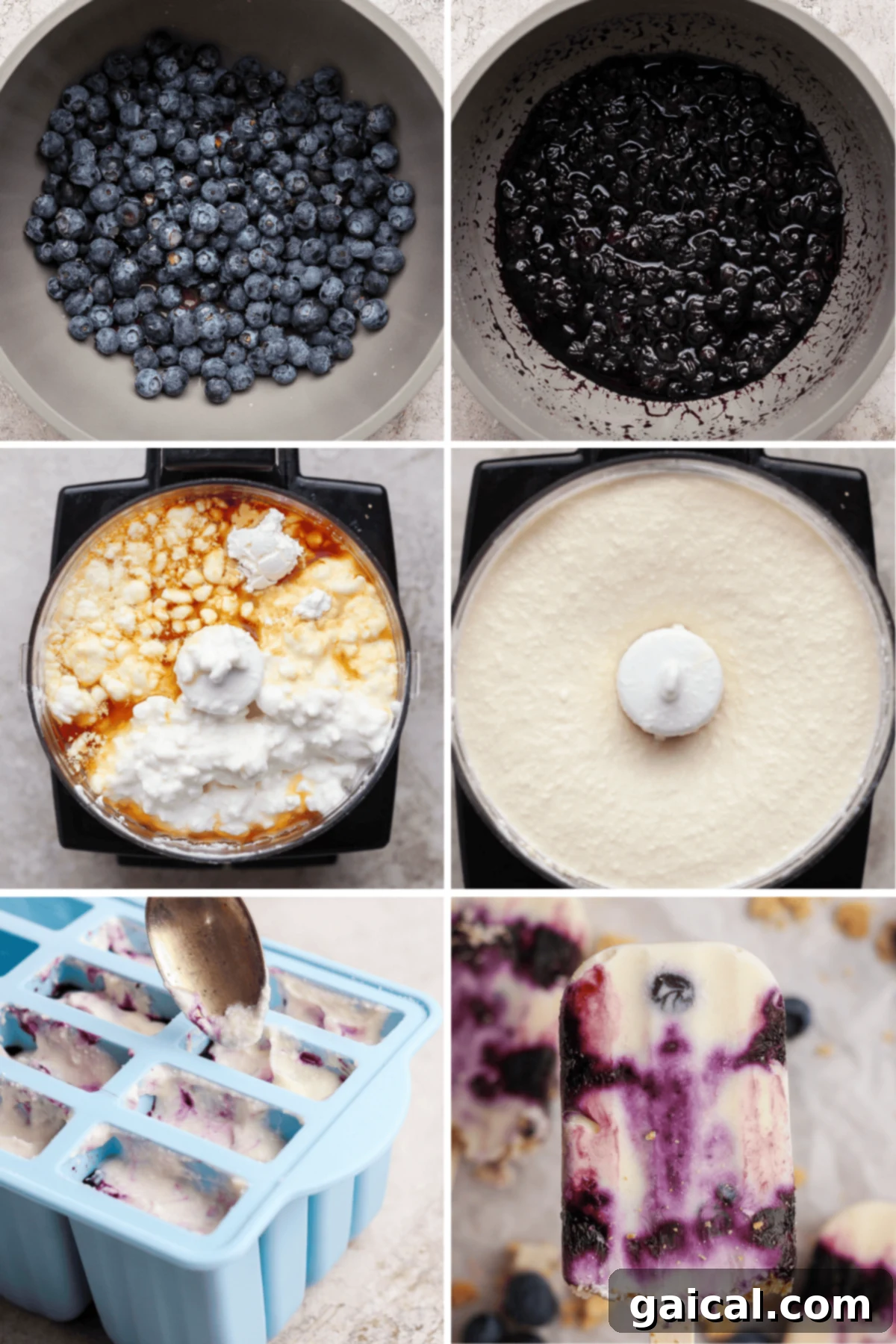 Six-step process of making blueberry cheesecake popsicles: fresh blueberries, cooked mixture, blended cheesecake filling, filled popsicle molds, and finished popsicles with visible blueberry swirls.