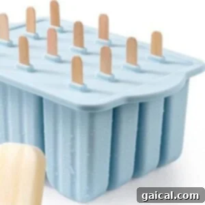 Blue popsicle mold with twelve wooden sticks inserted, shown alongside a single cream-colored protein fudgesicle in the foreground.