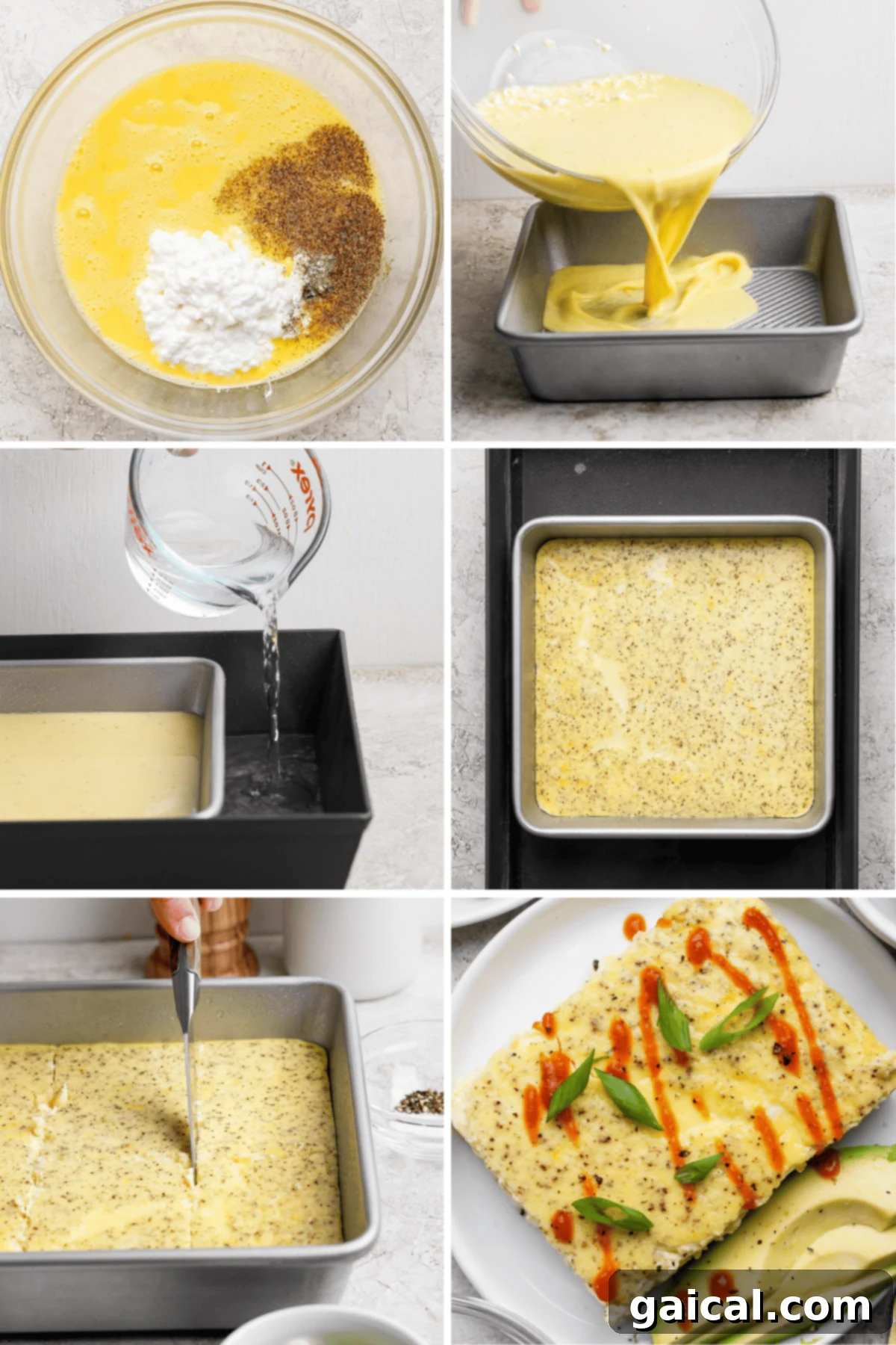 Step-by-step process of making baked egg squares: mixing ingredients, pouring into a pan, baking in a water bath, cutting, and serving topped with avocado, green onions, and sauce.