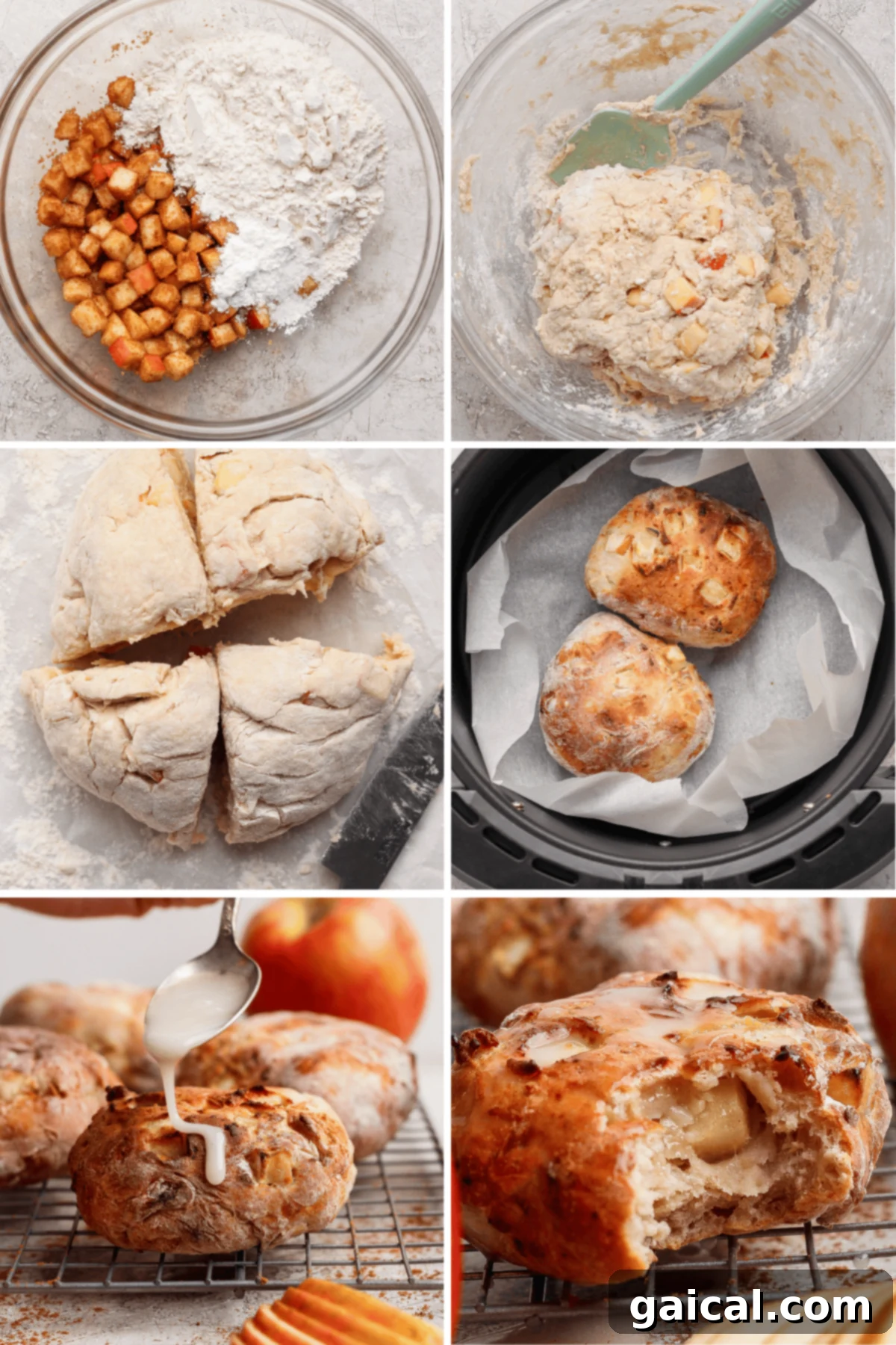Golden Air Fried Apple Fritters with Sweet Glaze 3 A step-by-step visual guide to making apple fritters: showing ingredients mixing, dough formation, air frying, glazing, and finally, a perfectly baked fritter with apple pieces.