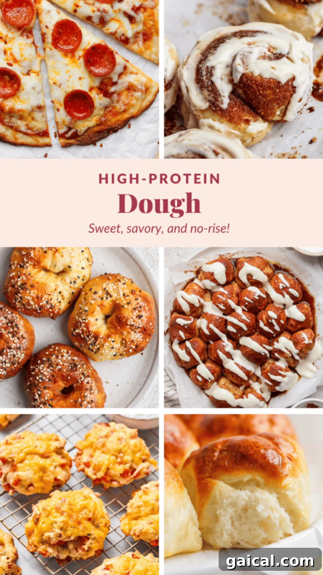 Protein Packed No Rise Dough 2 A vibrant collage showcasing a variety of mouth-watering baked goods crafted from the versatile high-protein dough. Featured delights include a savory pepperoni pizza, sweet and gooey cinnamon rolls, hearty sesame bagels, golden pretzel bites, cheesy cheddar biscuits, and soft dinner rolls. This image vividly demonstrates the incredible range of possibilities for both sweet and savory recipes using this protein-packed dough.