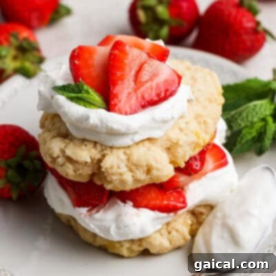 A classic strawberry shortcake dessert, exquisitely layered with light, fluffy biscuits made from our innovative protein dough, generous dollops of fresh whipped cream, and vibrant, juicy sliced strawberries. The dessert is elegantly garnished with delicate mint leaves on a pristine white plate, creating a refreshing and visually appealing treat.