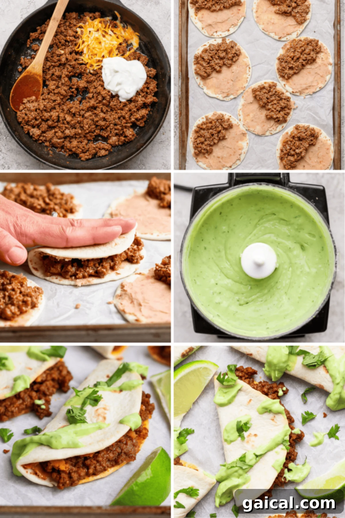 Step-by-step process of making beef sheet pan tacos: cooking seasoned ground beef with cheese and Greek yogurt, assembling filling on street taco tortillas, folding them onto a parchment-lined sheet, and preparing vibrant green avocado crema as a delicious topping.
