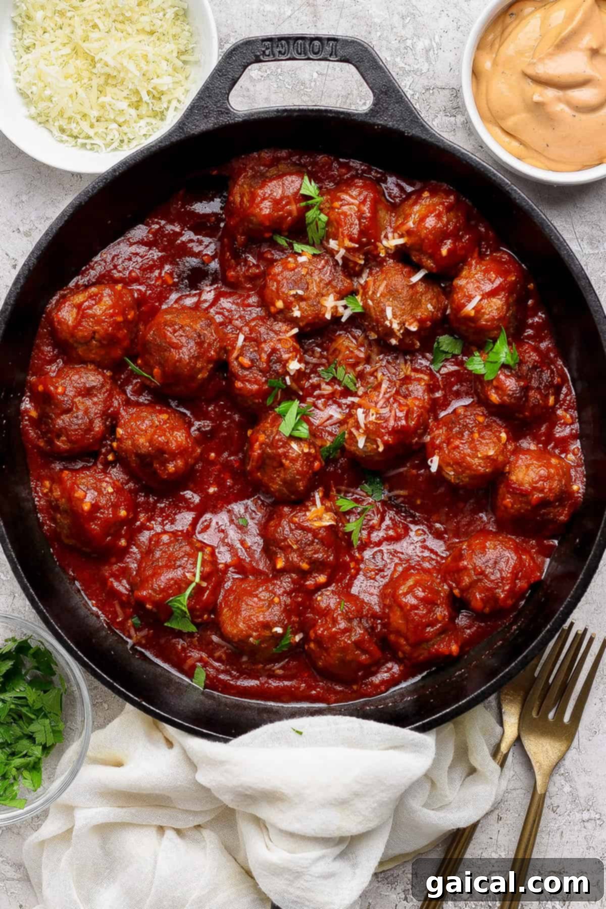 A cast iron skillet filled with savory sloppy joe meatballs covered in a rich tomato sauce, garnished with fresh parsley. Bowls of grated cheese, extra sauce, and chopped herbs surround the skillet on a rustic wooden surface, inviting you to dig in.