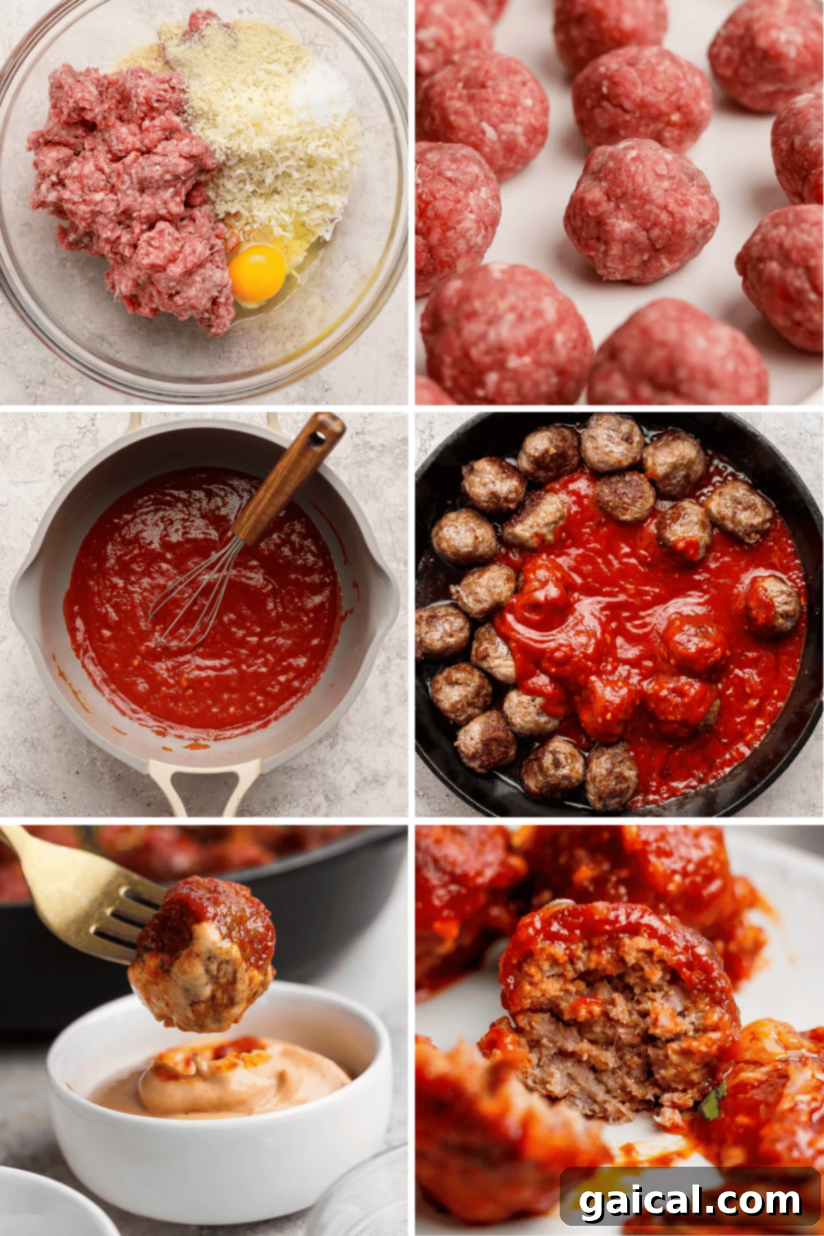 A visual step-by-step guide illustrating the creation of sloppy joe meatballs, from raw meat mixture and perfectly shaped meatballs to the preparation of the sauce and simmering meatballs within it. Concluding with a cooked meatball, revealing its tender interior.