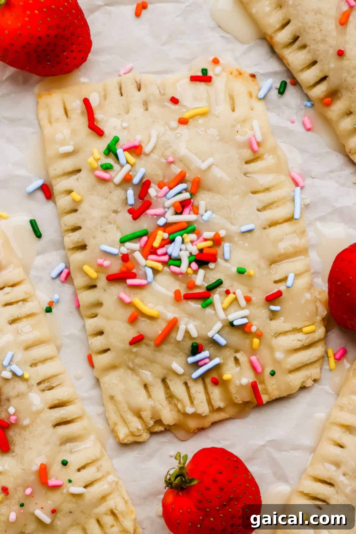 Gourmet Strawberry Toaster Tarts 2 Rectangular pastry with icing and colorful sprinkles, surrounded by fresh strawberries on a sheet of parchment paper. A single pop tart, beautifully frosted and decorated, promises a delicious, protein-rich breakfast experience.