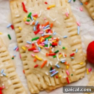 Gourmet Strawberry Toaster Tarts 15 Rectangular pastry with icing and colorful sprinkles, surrounded by fresh strawberries on a white surface.