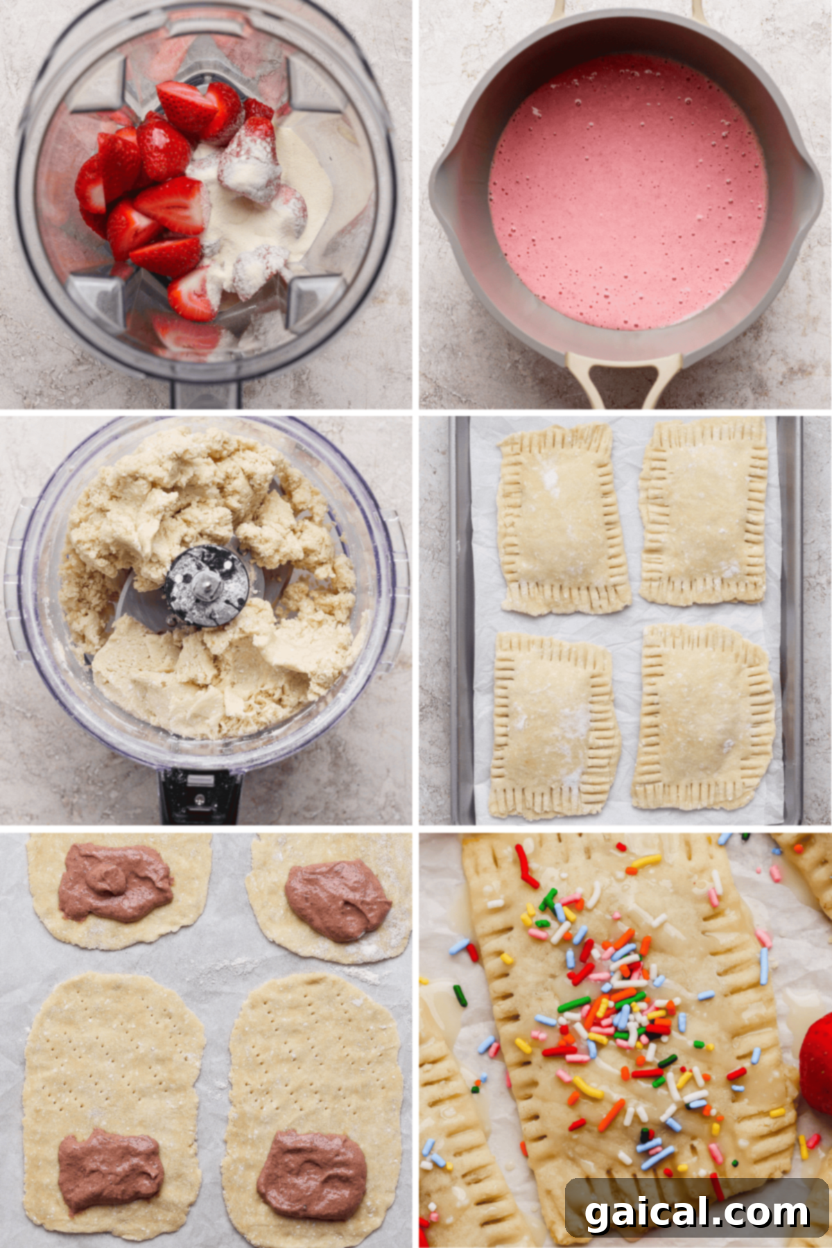 Gourmet Strawberry Toaster Tarts 3 A step-by-step collage shows making strawberry pop tarts: blending filling, mixing dough, shaping and filling pastries, sealing edges, baking, and topping with icing and sprinkles. Each image clearly demonstrates a key stage of the baking process.