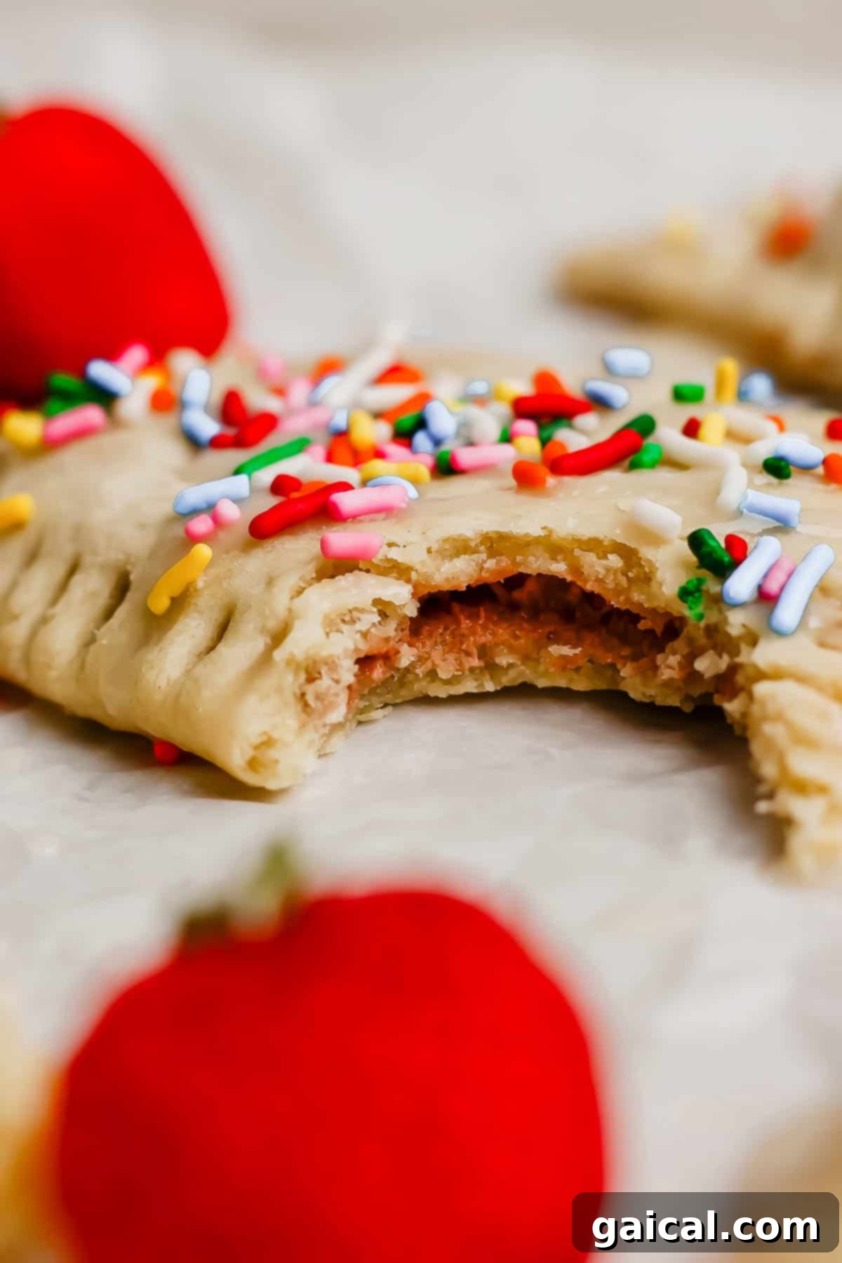 Gourmet Strawberry Toaster Tarts 6 A close-up of a frosted, sprinkle-topped pastry with a bite taken out, showing a strawberry filling. Whole strawberries are also visible in the background. The rich red filling contrasts beautifully with the flaky crust and sweet white glaze.