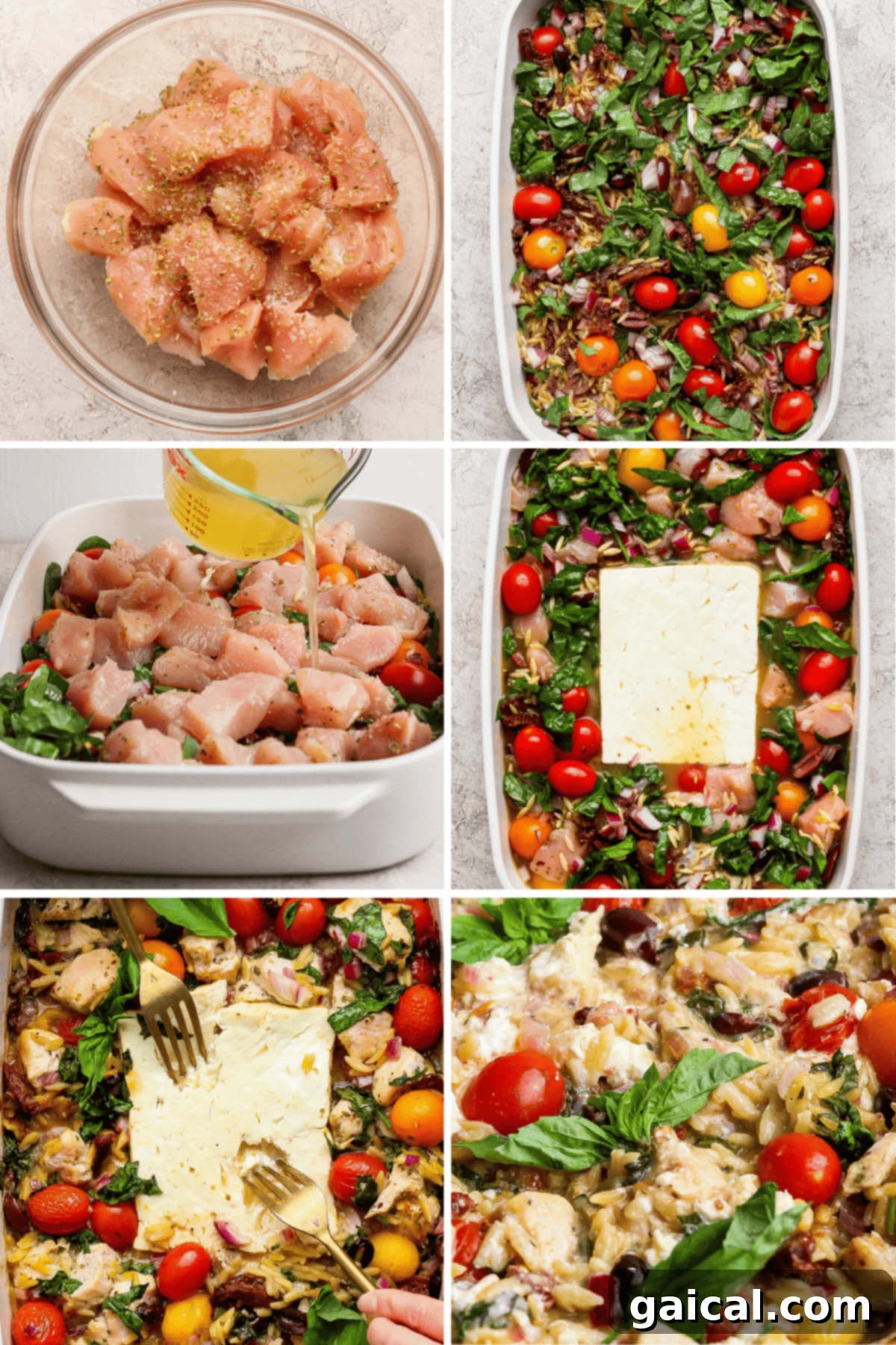 Zesty Greek Chicken and Orzo Bake 3 Step-by-step images showcasing the preparation process: seasoned chicken pieces, a vibrant mix of vegetables, a block of feta, and chicken broth meticulously arranged in a baking dish, then baked together, and finally mixed into a harmonious casserole with bursting tomatoes and wilted greens.