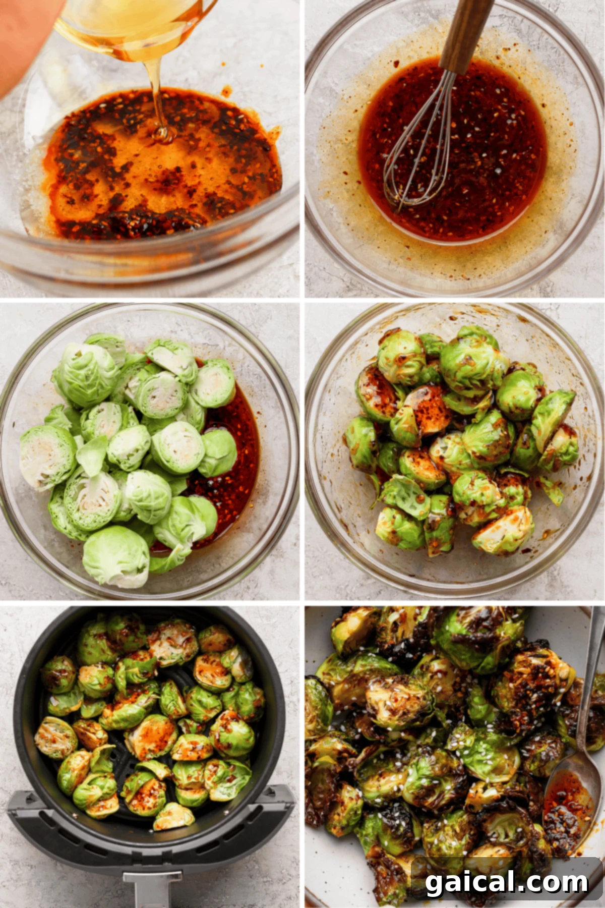 Step-by-step process of making spicy roasted Brussels sprouts, including mixing sauce, coating sprouts, and air frying until crispy.