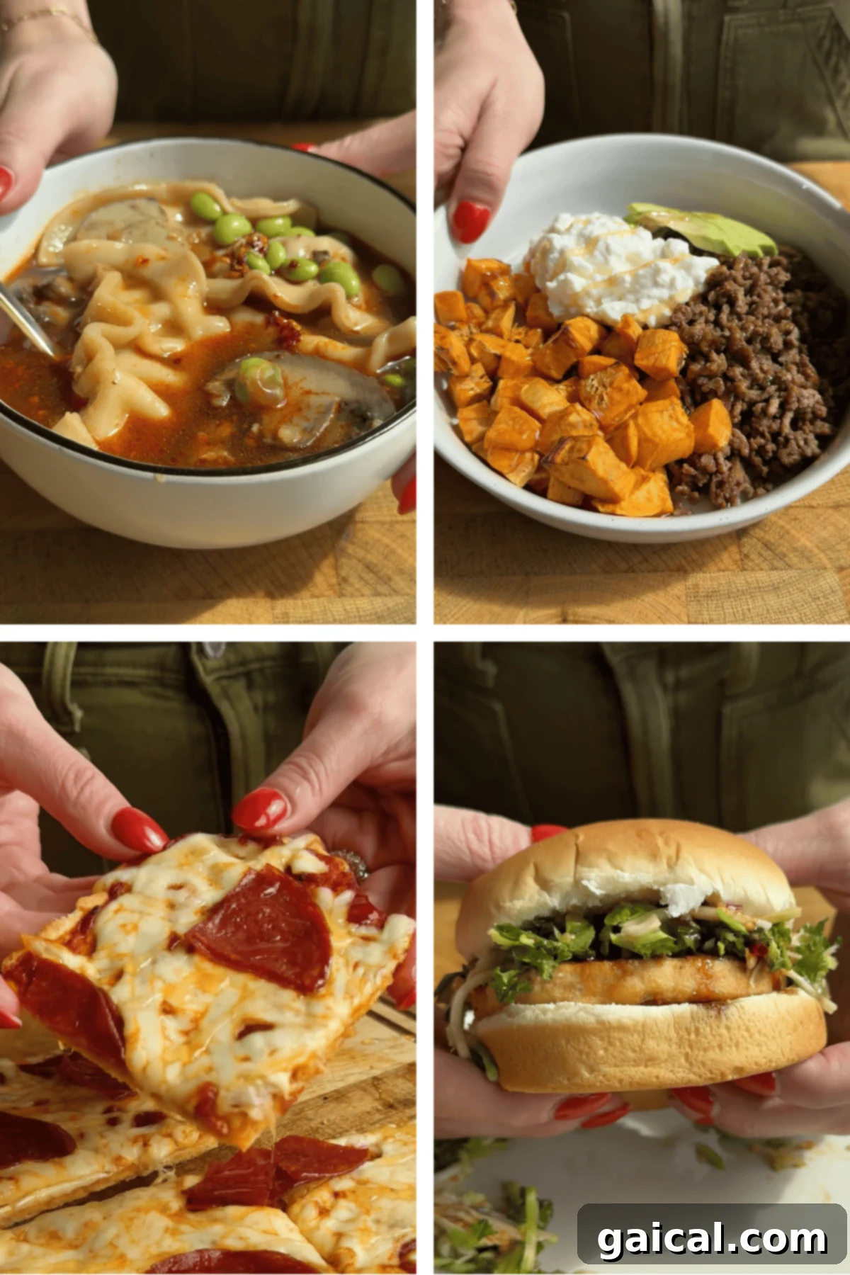 September 2025: Your Four-Day-a-Week Meal Strategy 2 Four photos showing: a steaming bowl of homemade dumpling soup, a vibrant macro bowl with seasoned ground beef, sweet potatoes, avocado, and cottage cheese, a hand holding a perfectly baked slice of pepperoni pizza, and a hand presenting a juicy salmon burger on a bun.