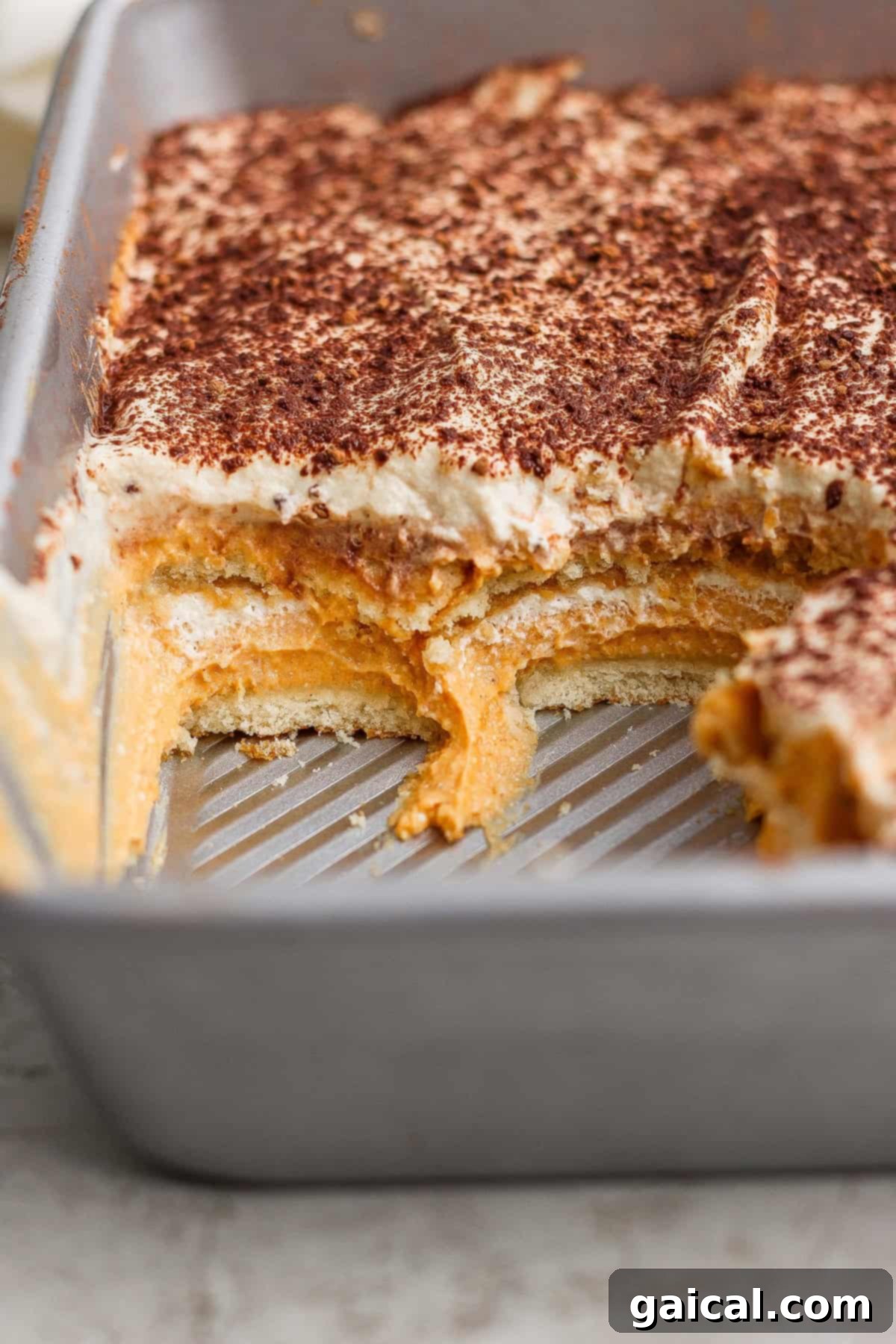 Protein-Powered Pumpkin Tiramisu Autumn Delight 2 A rectangular baking pan containing a layered dessert with a creamy filling and a dusting of cocoa powder, with a serving removed to show the layers.