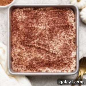 A square pan of tiramisu topped with cocoa powder sits on a light textured surface next to a bowl of cocoa, white cloth, gold fork and spoon, and two small white pumpkins.