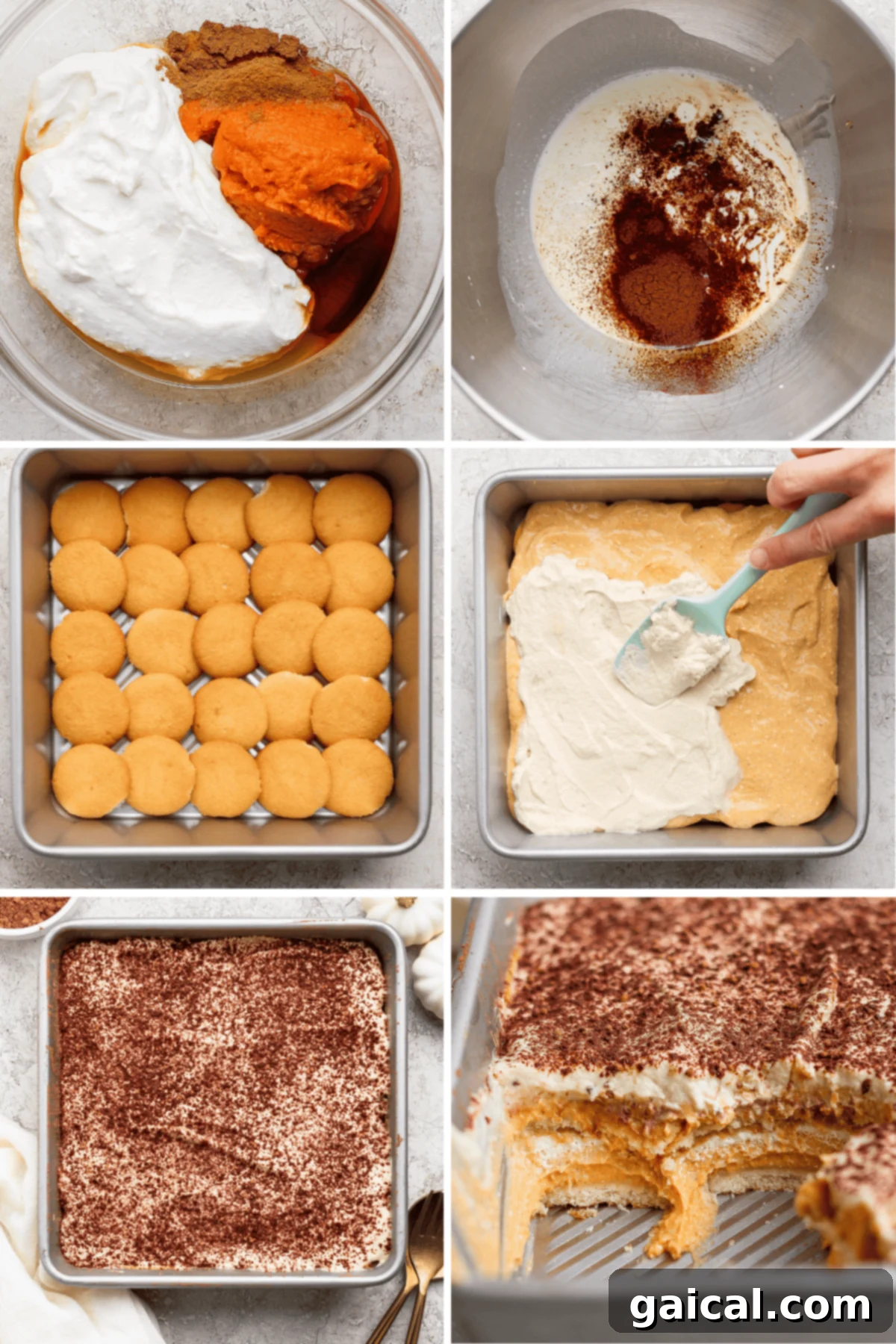 Protein-Powered Pumpkin Tiramisu Autumn Delight 3 Six-panel collage showing the steps to make a layered dessert: mixing ingredients, layering cookies, spreading cream, topping with cocoa, and a sliced final product in a baking dish.