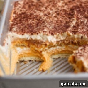A metal baking pan with a partially sliced layered dessert featuring cream, a pumpkin-colored layer, and cocoa powder sprinkled on top.