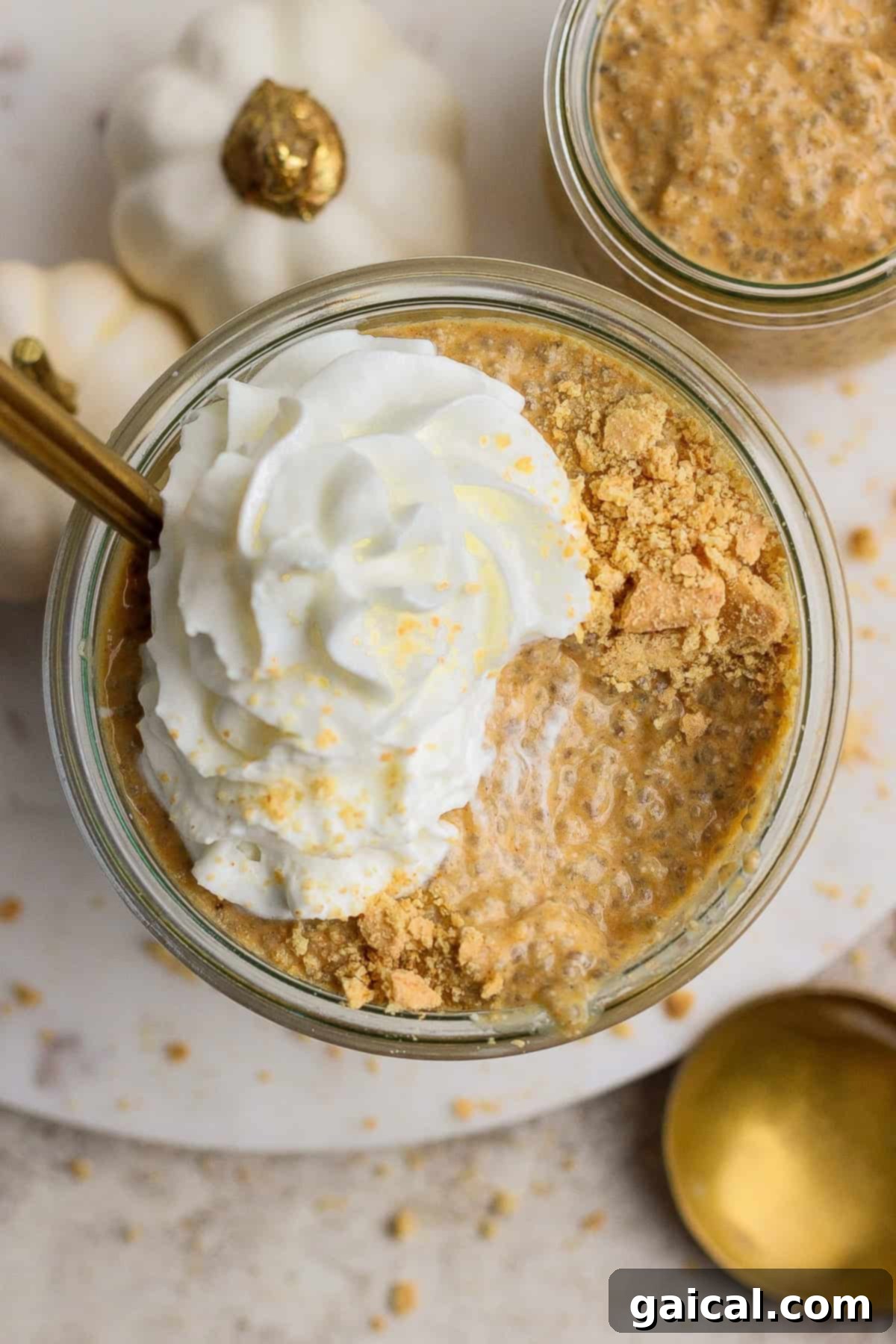 Glass jar filled with pumpkin chia pudding, topped with whipped cream and crushed graham crackers, with a gold spoon and white decorative pumpkins nearby.