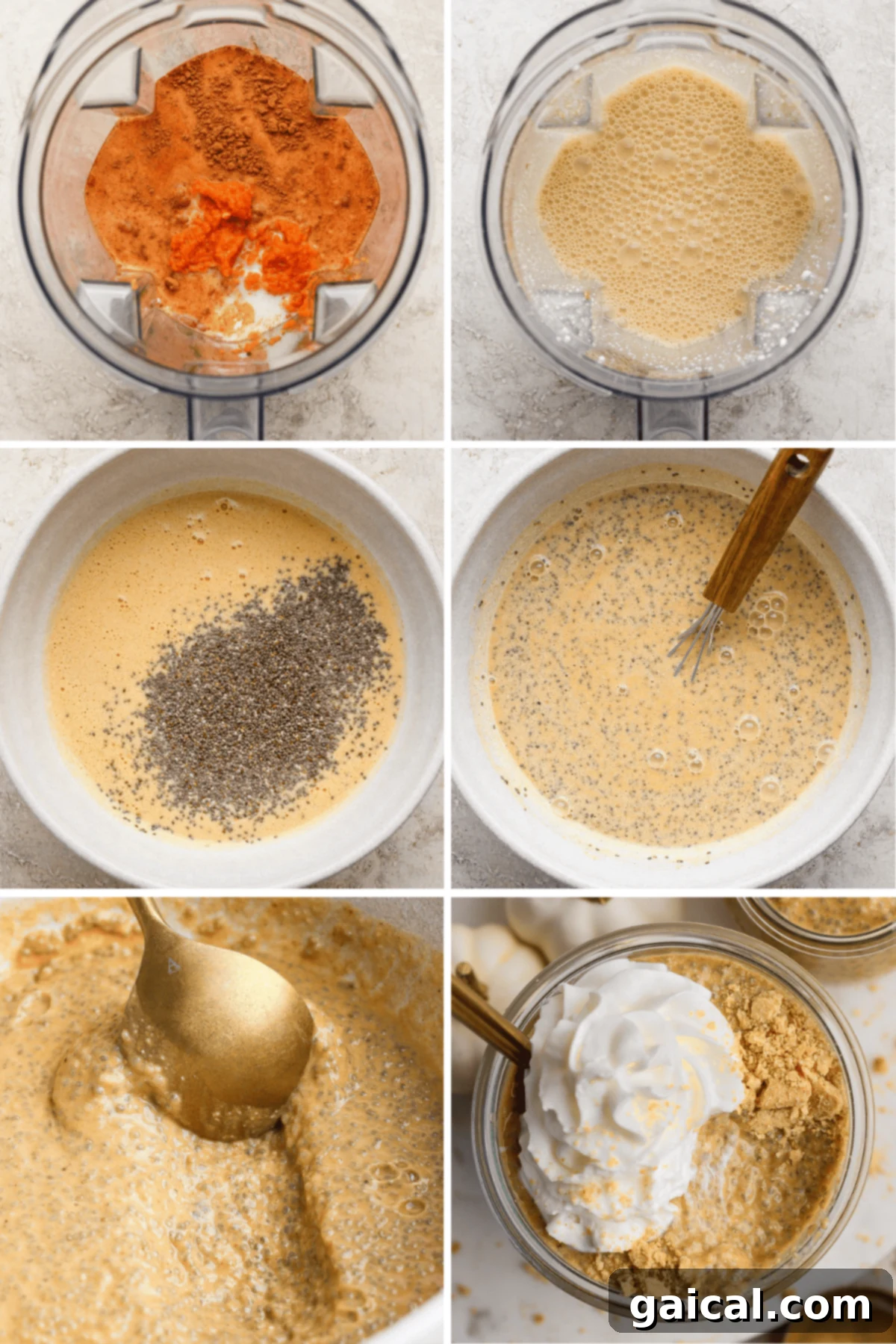 A step-by-step process: blending ingredients, mixing in chia seeds, stirring, and topping a finished pumpkin chia pudding with whipped cream in a glass.