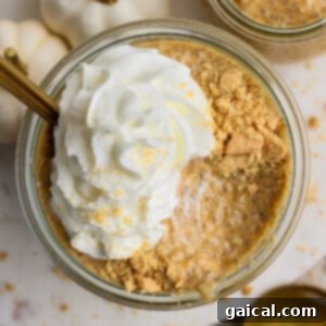 A glass jar filled with pumpkin chia pudding, topped with whipped cream and crushed graham crackers, with a gold spoon inserted.