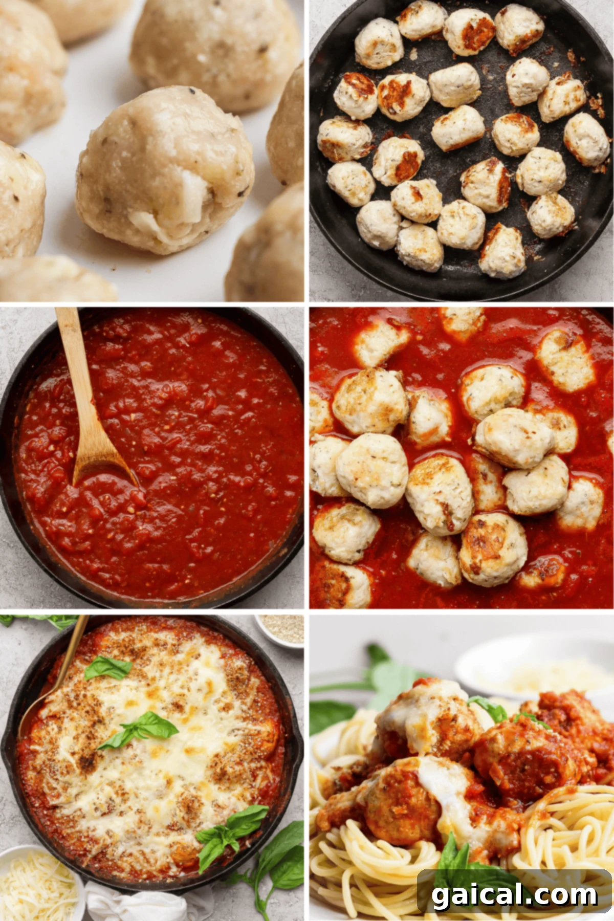 One Pan Parmesan Chicken Meatball Feast 3 Step-by-step process of making meatballs: shaping raw meatballs, baking them, preparing tomato sauce, combining meatballs with sauce, baking with cheese, and serving over spaghetti.
