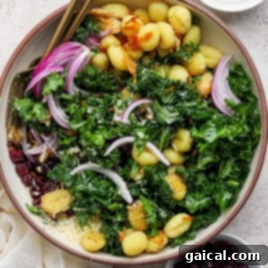 A beautifully tossed bowl of salad with gnocchi, kale, red onion, dried cranberries, and grated cheese, with small bowls of pumpkin seeds and more cranberries on the side, ready to be served.