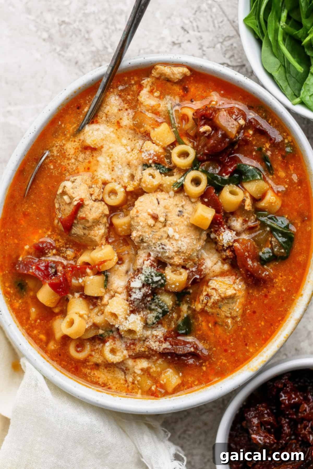 A vibrant bowl of Marry Me Chicken Soup, brimming with ditalini pasta, seasoned ground chicken, fresh spinach, sun-dried tomatoes, and a generous sprinkle of grated Parmesan cheese. A spoon rests invitingly in the rich, tomato-based broth.