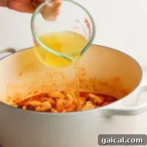 A hand pours chicken broth into a white pot filled with cooked meat and sauce.