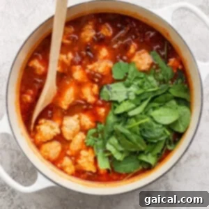 A white pot filled with tomato-based stew, chicken, and fresh spinach.