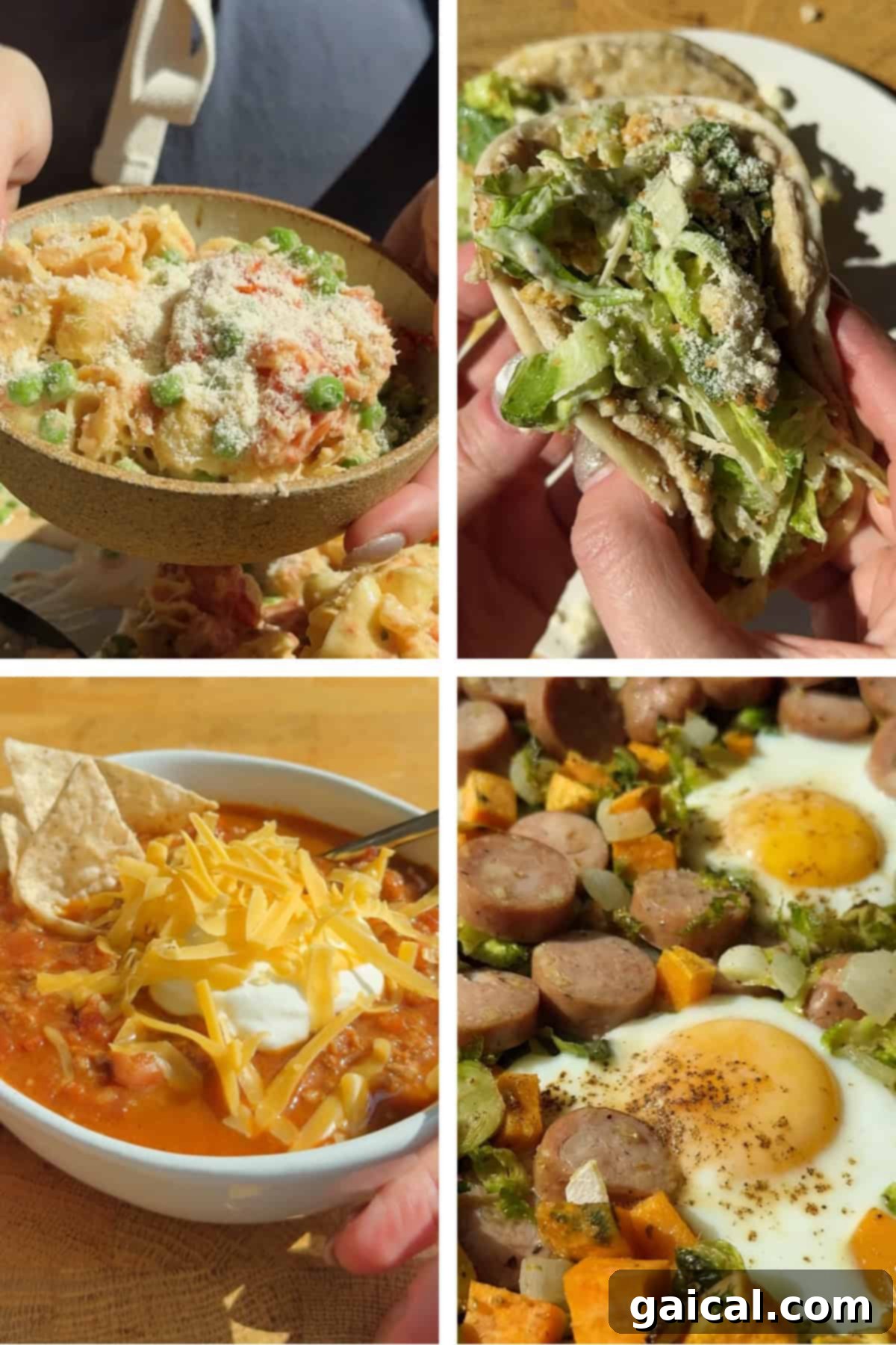 October 2025: Your Savvy 4-Day Meal Strategy 2 A vibrant collage showcasing four distinct and appealing dishes: creamy tortellini pasta with fresh peas, a hand holding a generously stuffed chicken Caesar smash taco pita, a hearty bowl of beef chili topped with melted cheese and tortilla chips, and a rustic skillet breakfast hash with sweet potatoes, sausage, and eggs. Each dish looks inviting and easy to prepare.