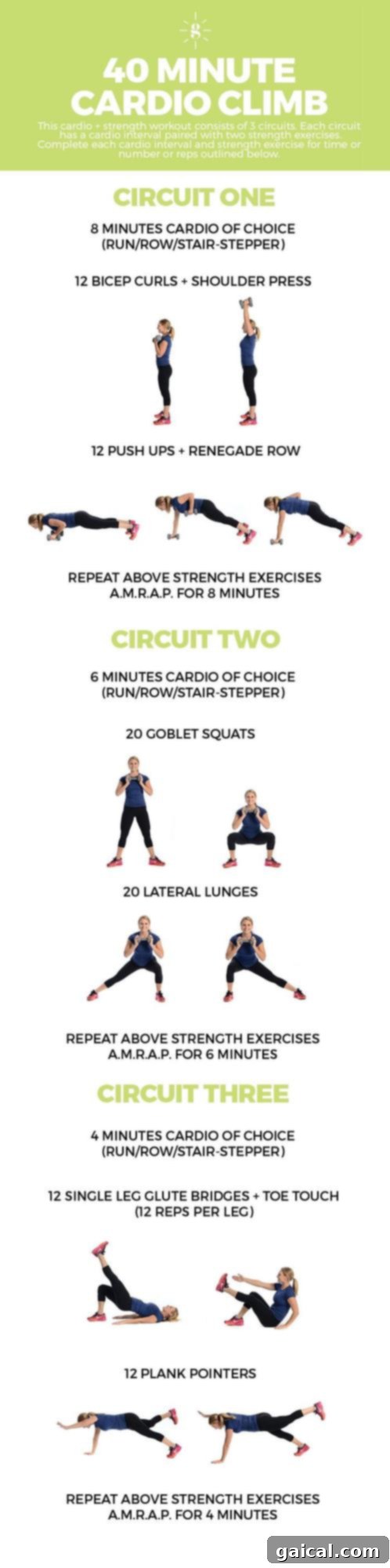 Do this 40 minute cardio climb workout and mix steady state cardio with strength training AMRAP circuits for a full body challenge!
