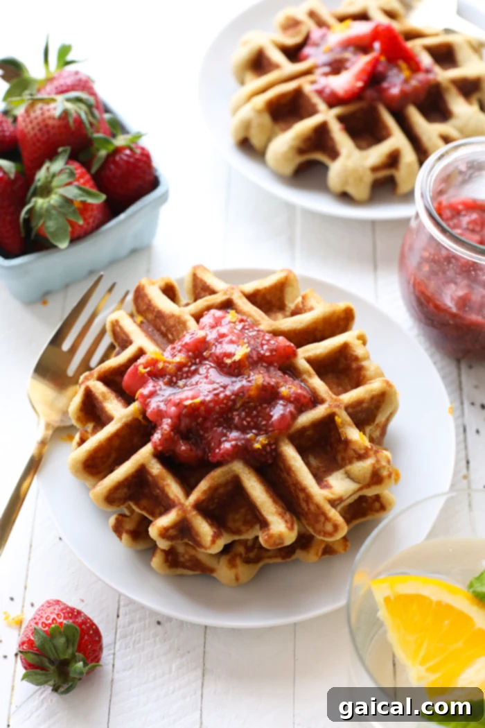 Delicious Gluten-Free Waffles with Strawberry Chia Compote Golden brown gluten-free waffles topped with fresh strawberry chia compote, ready to be enjoyed.