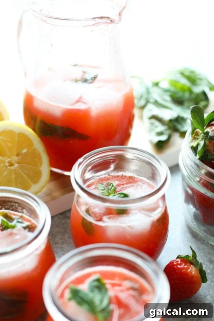 Berry Lemonade Bliss 2 Glasses filled with vibrant homemade strawberry basil lemonade, garnished with fresh strawberry slices and basil leaves, ready to be enjoyed on a bright summer day.