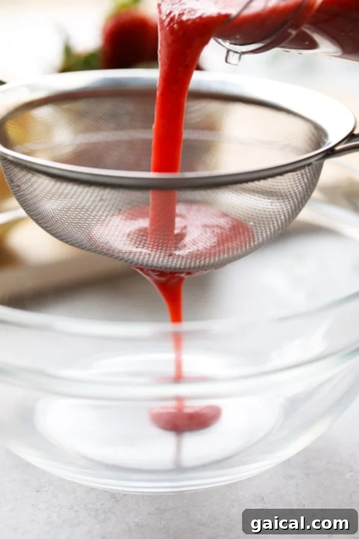 Berry Lemonade Bliss 4 Vibrant strawberry puree being carefully strained through a fine-mesh sieve with a spoon, ensuring a smooth, seedless base for the lemonade.