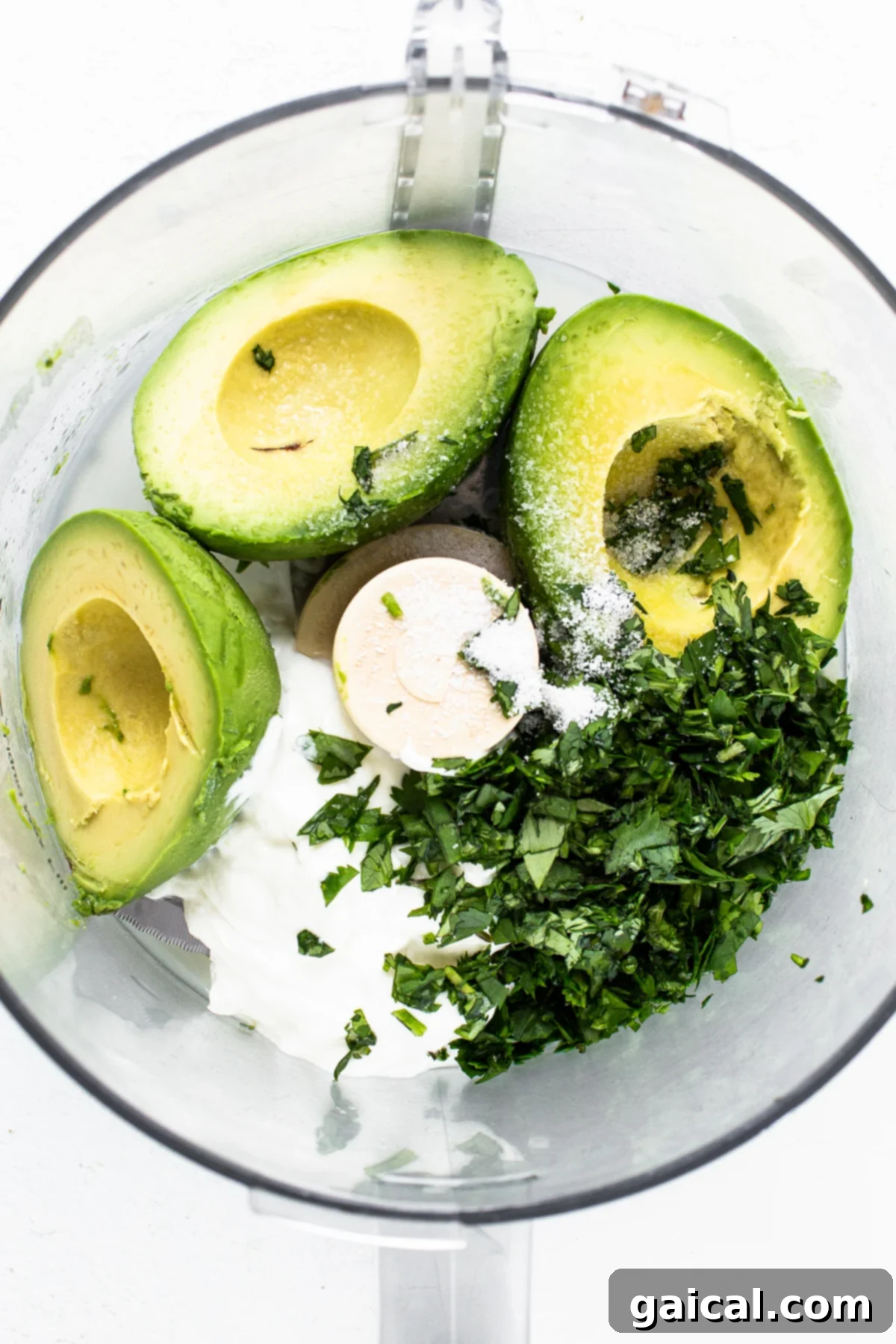 Fresh ingredients for avocado crema, including ripe avocados, creamy Greek yogurt, zesty lime, and fragrant cilantro, being blended to a smooth consistency in a food processor.