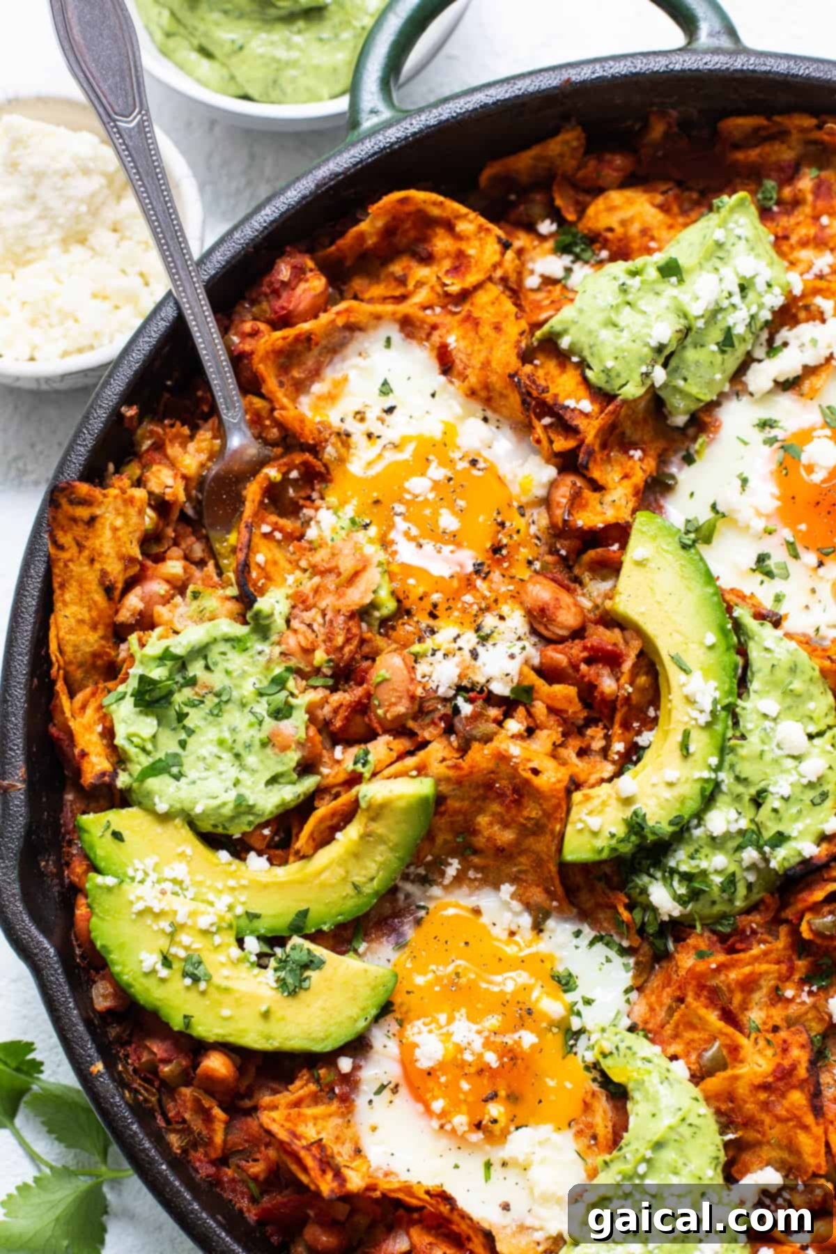 A close-up view of perfectly cooked chilaquiles, vibrant with sauce and toppings, ready to be served directly from the cast iron skillet.