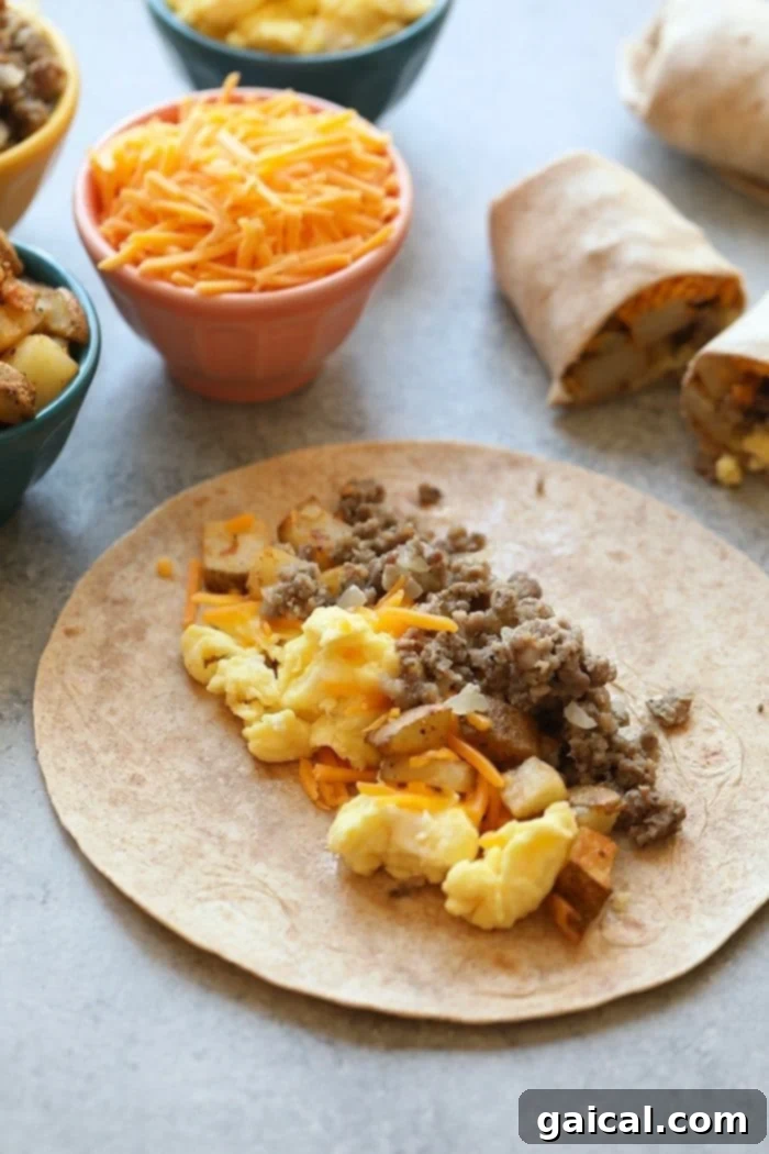 Perfectly rolled freezer breakfast burritos with scrambled eggs, sausage, and potatoes Assembled and neatly wrapped breakfast burrito ready for freezing