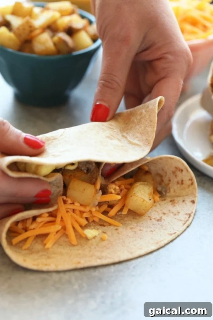 Demonstration of the proper technique for wrapping a breakfast burrito Close-up of a hand wrapping a breakfast burrito with fillings