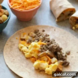 Prep Ahead Breakfast Burritos 5 Make ahead breakfast burritos with sausage, eggs, and cheese.