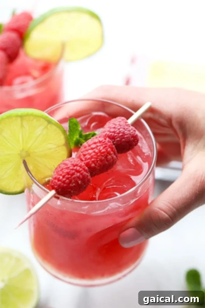 A hand holding a beautifully garnished raspberry ginger mojito against a bright summer backdrop.