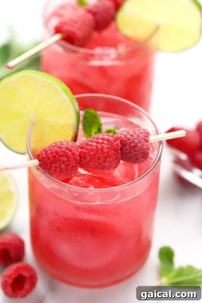 Three glasses of raspberry ginger mojitos lined up, garnished with fresh raspberries and lime slices.